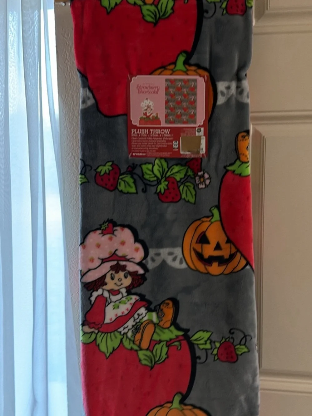 Strawberry-Themed Plush Throw Blanket in Gray & Red